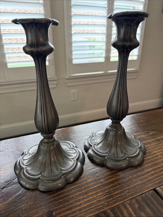 Other - Vintage-Style Gray Metal Candlestick Pair